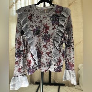Free People ruffle floral sweater bell sleeve size L NWT